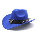 Blue felt cowboy hat with bull skull buckle and colorful floral embroidery decoration - M (56-58cm) / Blue