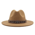 Close-up of deep camel fedora hat with studded leather band and metal buckle detail - Khaki