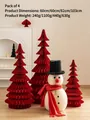 Set of red honeycomb paper Christmas trees and white snowman for festive home decor - Set 2 (4pcs)