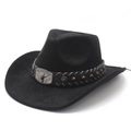 Retro black western cowboy hat with silver bull head buckle and star studs on suede fabric - M(56-58cm) / Black Faux Suede