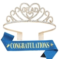 Graduation party set with gold rhinestone GRAD crown and blue glitter congratulations sash - Blue Gold Set (Glitter Cloth)