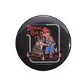 Close-up of a round tinplate badge featuring a vintage girl and horned demon cat illustration - Demon Cat Illustration Style (MXZ219)