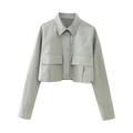 Short grey long-sleeve crop shirt with double chest pockets and lapel collar for women - XS / Light Green