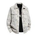 Men's minimalist off-white jacket with grey tropical leaf print and utility pockets - M / Tops / Cream (KXM819)