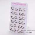 Set of 12 pairs of 8mm silver stainless steel hoop earrings on a display card - 2.5mm Wire 8mm Inner Diameter / Steel