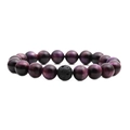 Bracciale di perle in occhio di tigre fucsia e pietra lavica nera su sfondo bianco - 10mm Occhio di Tigre Viola + 1 Pietra Lavica