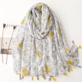 Lightweight cotton linen scarf with hand-painted yellow hearts and tassel trim edge - Grey White & Yellow Heart Print (SL2301-002)