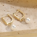 Elegant 14K gold plated U-shape hook earrings featuring a lustrous round white pearl drop - Gold U-Shape Single Pearl Drop Earrings