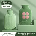 Bolsa de agua caliente verde matcha 500ml con funda de felpa bordada antiexplosión - 1000ml/Revestimiento a prueba de explosiones + Funda / Verde matcha