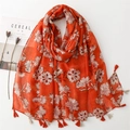 Vibrant orange cotton linen scarf with white floral patterns and elegant tassels - Orange Red Floral Tassel Style(SL2401-009) / 180*88cm