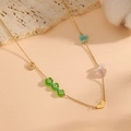 Goldkette mit bunten Steinen, Herzanhänger und grünen Evil-Eye-Blütenperlen im Boho-Stil - Grüne Blume Herz Stil (K205)