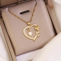 Close-up of gold-plated heart necklace with rose flower, small palm charm and crystals - 9# Shell White Hamsa Hand