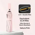 Pink 24-rib automatic folding umbrella with reinforced 12K double bone structure - [24-rib Double-rib Design + Reinforced Wind Resistance] 12k Fully Automatic Umbrella In Cherry Blossom Pink. / Gift Box Not Included