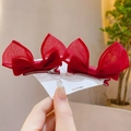 Set of two red mesh bow hair clips for girls on a white card with metal alligator clips - 1 Pair Pack / Burgundy