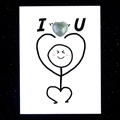 Polished grey-green labradorite heart stone on white card with matchstick figure art - Labradorite