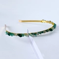 Handmade crown headband featuring dark green and white natural crystal gravel stones - Single Row / Green Agate - Single Row