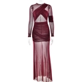 Abito lungo in mesh rosso vino con maniche lunghe, cut-out e dettagli arricciati - S / Borgogna