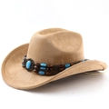 Detail of camel suede cowboy hat with turquoise beads and antique metal concho - M(56-58cm) / Dark Camel