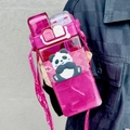 Pink square plastic water bottle with panda silicone sleeve and matching carrying strap - 520ml / Pink Panda