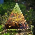 Orgone pyramid with green crystal tree and tiger eye stones in clear resin finish - Tiger Eye Tree of Life / Small