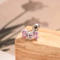 Orecchino a fiocco d'argento con pietre rosa a cuore su blocco di legno - Rosa (Pezzo Singolo)