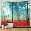 Dettaglio di arazzo forestale con foglie rosse e nebbia su una parete grigia - Paesaggio Forestale a Foglie Rosse (GT100007) / 73X95CM