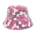 Dettaglio cappello bucket invernale con motivo floreale rosa e grigio in peluche - M (56-58cm) / Rosa Rosso