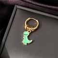 Golden hoop earring with a green enamel cartoon dinosaur pendant on a dark velvet background - Green Dinosaur / Single Piece