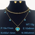 Golden stainless steel dual-layer necklace and heart earring set with blue evil eye - Blue