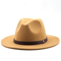 Detail of camel wool fedora hat featuring dark brown decorative band and silver metal buckle - M (56-58cm) / Camel