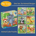 Wooden 3D six-sided cube puzzle for kids featuring 6 different cartoon animal patterns - 9 Grains - Animals