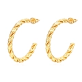 Detail view of gold-plated twisted rope C-shaped hoop earrings with textured finish - 30mm / Gold