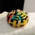 Detailed view of colorful cow pattern faux fur beret showing soft plush texture and stitching - M / Colorful Letters