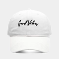 Close-up of Good Vibes black embroidery on white cotton six-panel baseball cap - Adjustable / White