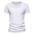 Detail of white V-neck cotton T-shirt featuring breathable slub texture and soft shadows - S / V-Neck / White