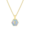 Golden hexagon necklace with letter I pendant featuring a pearlescent blue inlay - Blue Shell I