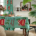 Blue Christmas tablecloth with red house and tree print for festive dining decor - 140x260cm / Blue House