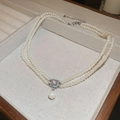 Collier de perles double épaisseur avec gemme carrée et perle poire en boîte bois - Blanc Bleu (102# Collier)