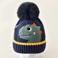 Dark blue knitted baby hat featuring green dinosaur embroidery and a large pom-pom - Navy Blue Dinosaur Single Hat