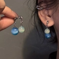 Detail shot of boho bead drop earrings with blue and green stones and metal ear hooks - 1# Silver Needle - Blue Green Double Bead Hook
