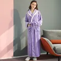Long flannel bath robe in violet color with white trim and waist belt for lounging - Light Purple [Female]