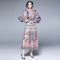 Elegant retro vacation maxi dress with puff sleeves and colorful patchwork floral print - S / Printed