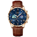 Orologio al quarzo da uomo LIGE con cassa dorata, quadrante blu fasi lunari e pelle - Cassa oro rosa cinturino in pelle blu