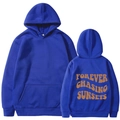 Dark blue printed hoodie featuring Forever Chasing Sunsets text and kangaroo pocket - S / Blue