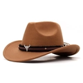 Brown western cowboy felt hat with silver bull head ornament and woven band detailing - Khaki (Cowboy Bull Head)