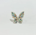 Adjustable silver butterfly ring featuring vibrant colorful zircon stones inlay - Silver + Multi-color