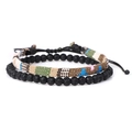 Adjustable 2-piece bracelet set with black lava stone beads and multicolor woven fabric band - Multicolor Tribal Pattern Style (FD9628) / Two-Piece Set