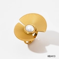 Antiker vergoldeter Fächerring mit Perle und gebürsteter Metalloberfläche - Ring Modell B (KBJ413) / Gold