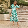 Vestido midi de mujer con cuello en V y mangas abullonadas en estampado floral verde y blanco - S / Verde Claro (Estampado Verde Blanco)