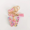 Pink glitter resin letter W keychain with golden butterfly and soft pink tassel - Letter W